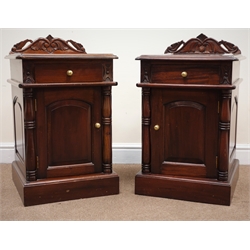  Pair Victorian mahogany bedside cabinets, raised shaped back, single drawer above cupboard, plinth base, W46cm, H75cm, D47cm  