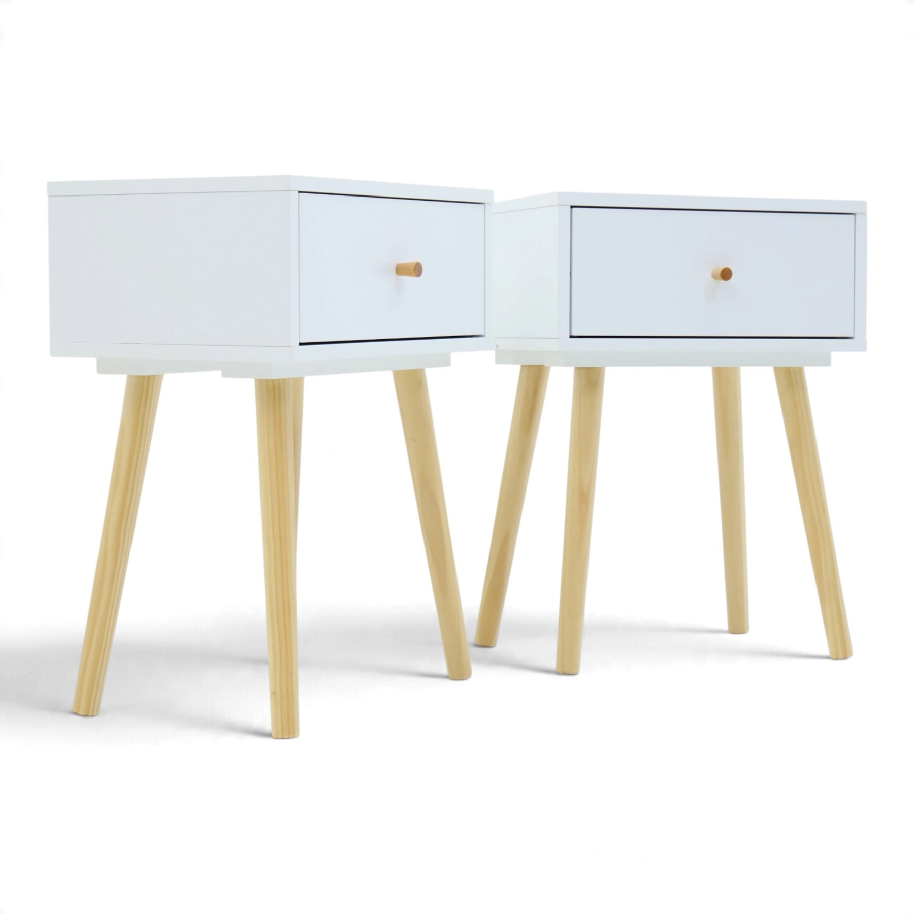 Contemporary pair of white single drawer bedsides, raised on tapering light wood supports
