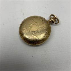 Early 20th century gold-plated pocket watch by Elgin, No. 13987130, screw back case with foliate decoration, white enamel dial with Arabic numerals, with stand, silver pencil by Johnson, Matthey & Co, London 1960, two other pencils, silver Egyptian mummy charm, stamped 800 and vintage and later cufflinks, shirt studs etc
