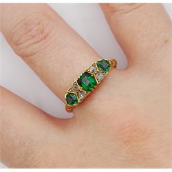 Edwardian 18ct gold three stone emerald and four stone rose cut diamond ring, Birmingham 1908