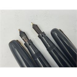 Three Swan Mabie Todd fountain pens, comprising Self Filler 3162 with black barrel and cap with single band and gold nib stamped Eternal 1 14ct, together with two Calligraph examples with gold nibs stamped 14ct, one with box, largest L12.5cm