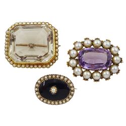 Early 20th century gold amethyst and split pearl brooch, gold quartz and seed pearl brooch, stamped 15ct and one other mourning brooch, stamped 9ct