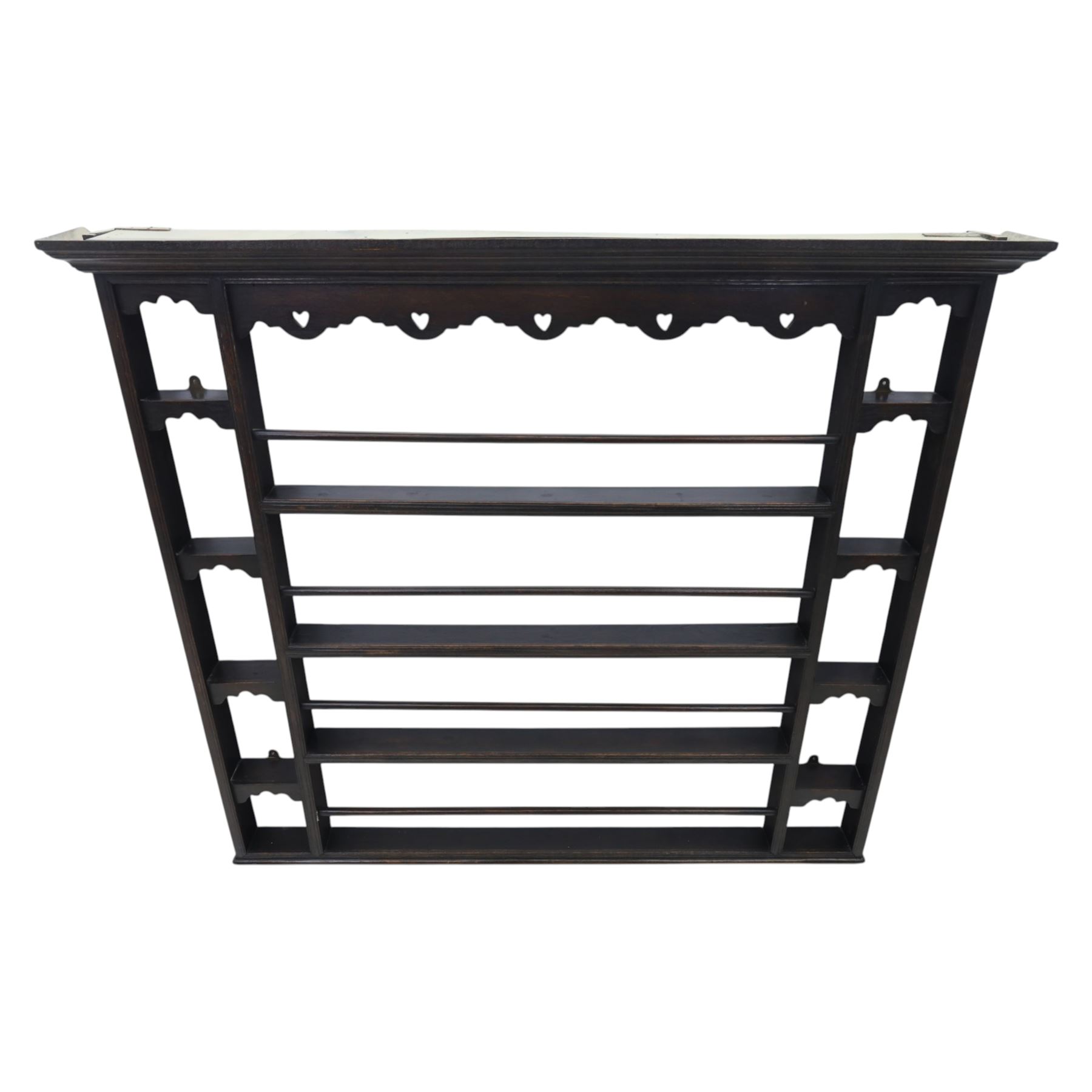 Large 18th century oak plate rack, fitted with narrow pigeon hole shelves to either side, with four central shelves and bars
