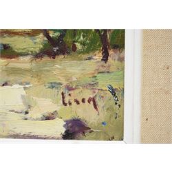 English School (20th Century): Impressionist View of Buildings and Bare Trees, oil on board indistinctly signed 23cm x 29cm