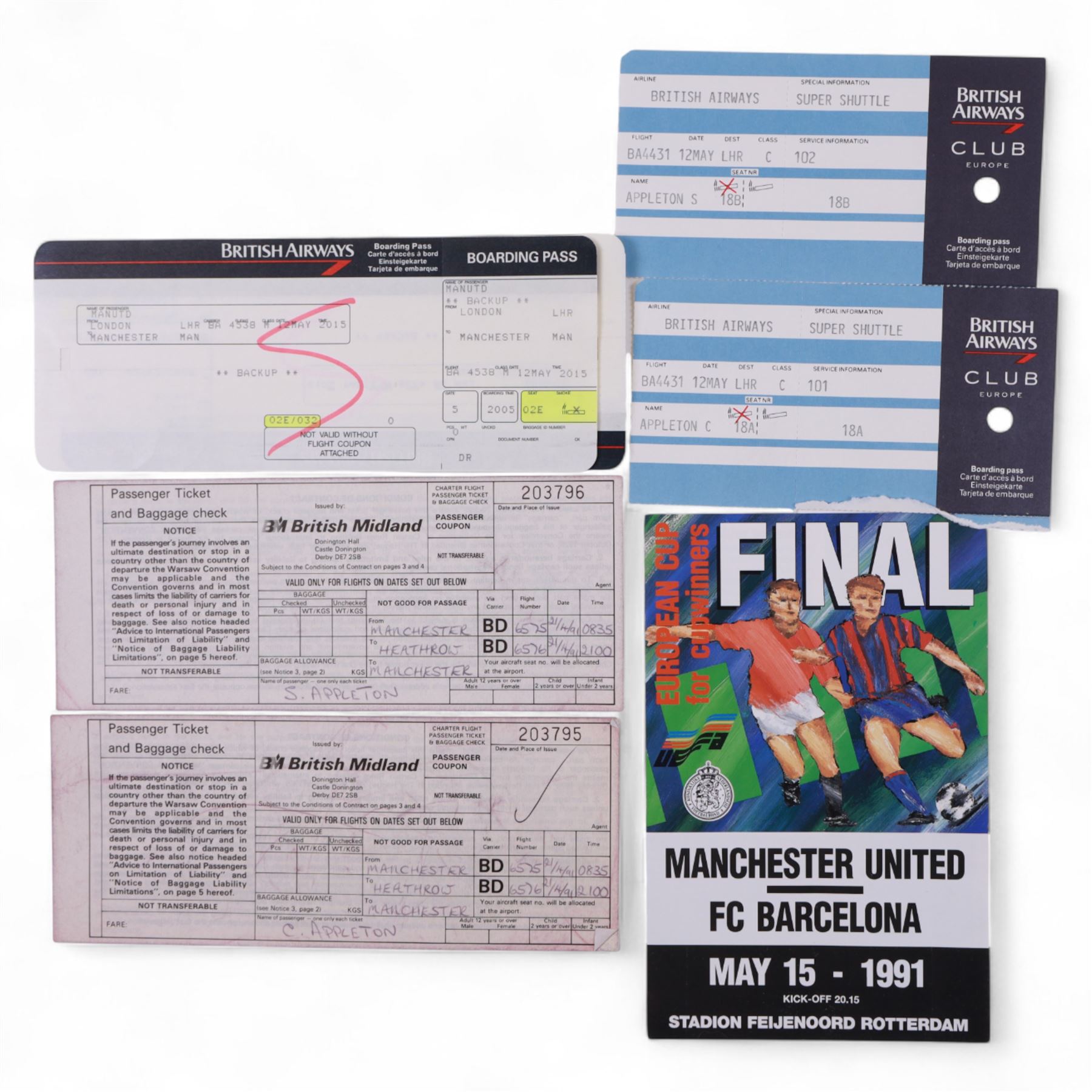 Manchester United football memorabilia relating to Colin Appleton, former Leicester City captain and Scarborough FC manager, including two letters from Manchester United club secretary Ken Merrett inviting Colin to join the official party for the European Cup Winners Cup Final between Manchester United and Barcelona, Rotterdam 1991 and the FA Cup Final 1990, two programmes for the above European cup match and three Rotterdam rosettes, ticket stubs for the 1991 Rumbelows League Cup finals and an Official Staff Party itinerary for this match, Challenge Cup Final Tie 1990 ticket stubs, three representative passes, boarding passes and plane tickets