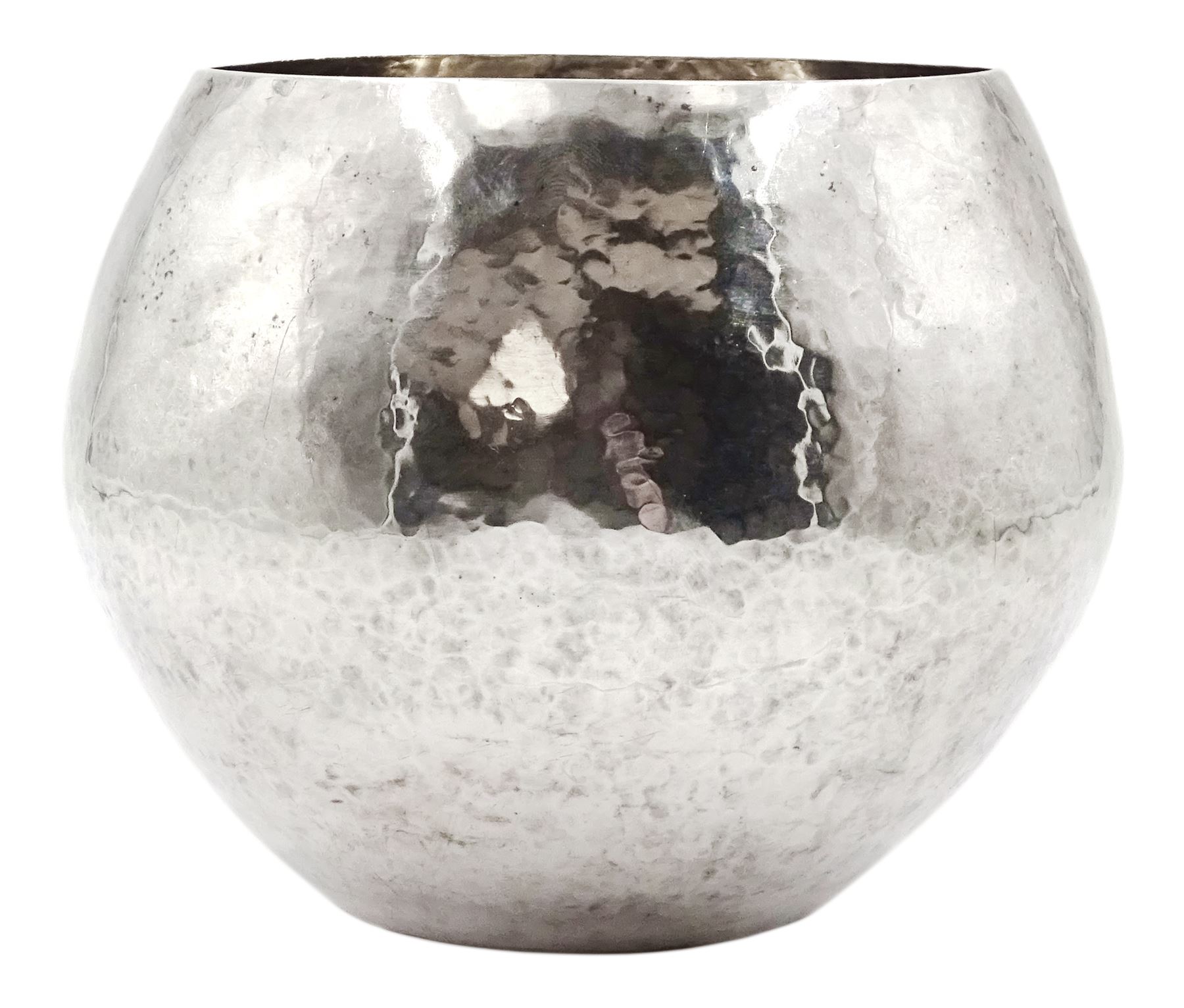 Modern Guild of Hull Silversmiths silver spot hammered bowl of spherical form, hallmarked J & K R, Birmingham 1990, also marked with the three crowns mark of the Guild of Hull Silversmiths, H 7.5cm, approximate weight 4.32 ozt (134.6 grams)

Abraham Barachin was the last Hull silversmith to use the Hull mark of three ducal coronets in around 1706. 
However in 1983 the Assay Offices of Great Britain and the City of Kingston upon Hull granted the Guild of Hull Silversmiths permission to use the City's Coat of Arms as an additional mark on pieces they produced. 