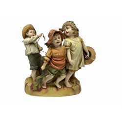 Large Victorian bisque figure group, modelled as three children at a beach with fishing net and seaweed, inspired by the Victorian painting 'The Sea Horses', H33cm L36cm 