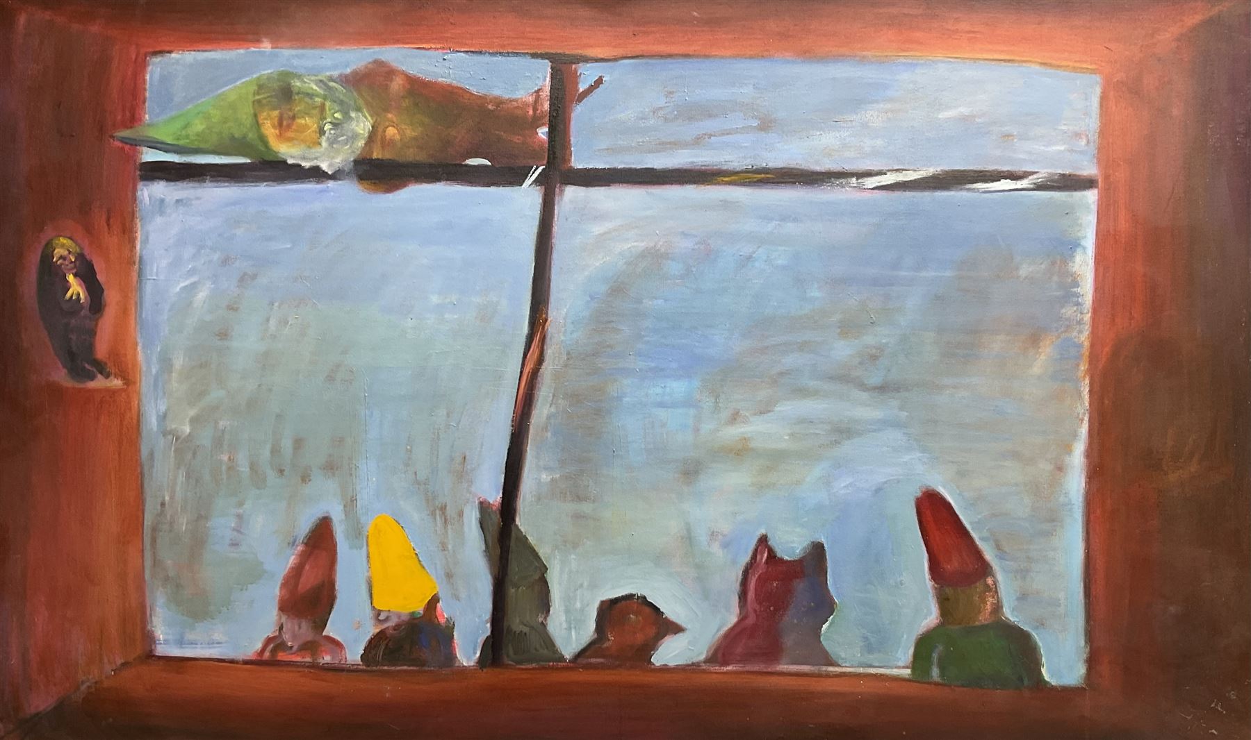 Thomasin Toohie (British Contemporary): Garden Gnomes Through the Window, oil on canvas signed and dated 2002 verso 91cm x 152cm (unframed)