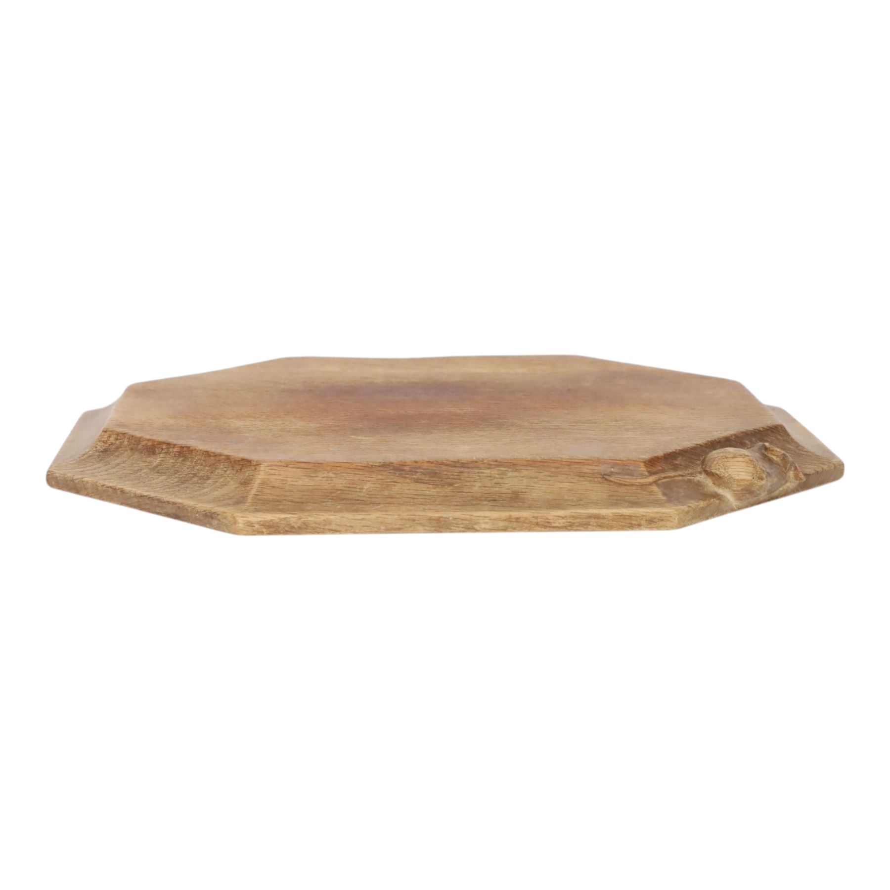 Mouseman - oak breadboard, canted rectangular form with moulded edge, carved with mouse signature, by the workshop of Robert Thompson, Kilburn