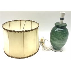 Green glass lamp base of ovoid form, with fabric shade, base not including fixtures H25.5cm