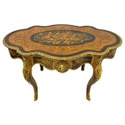 Early 20th century French marquetry inlaid kingwood and ebony centre table, the shaped top inlaid with trailing floral design surrounded by kingwood band with scrolling foliate inlays, the edge with gilt metal mount moulded with scrolled cartouche motifs, fitted with single frieze drawer mounted by female bust and inlaid with extending floral decoration, on cabriole supports with scrolled foliate cartouche mounts 