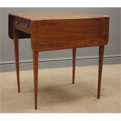  19th century mahogany Pembroke table, amboyna cross banding, square tapering legs, W94cm, H71cm, D68cm, (maximum measurements)  