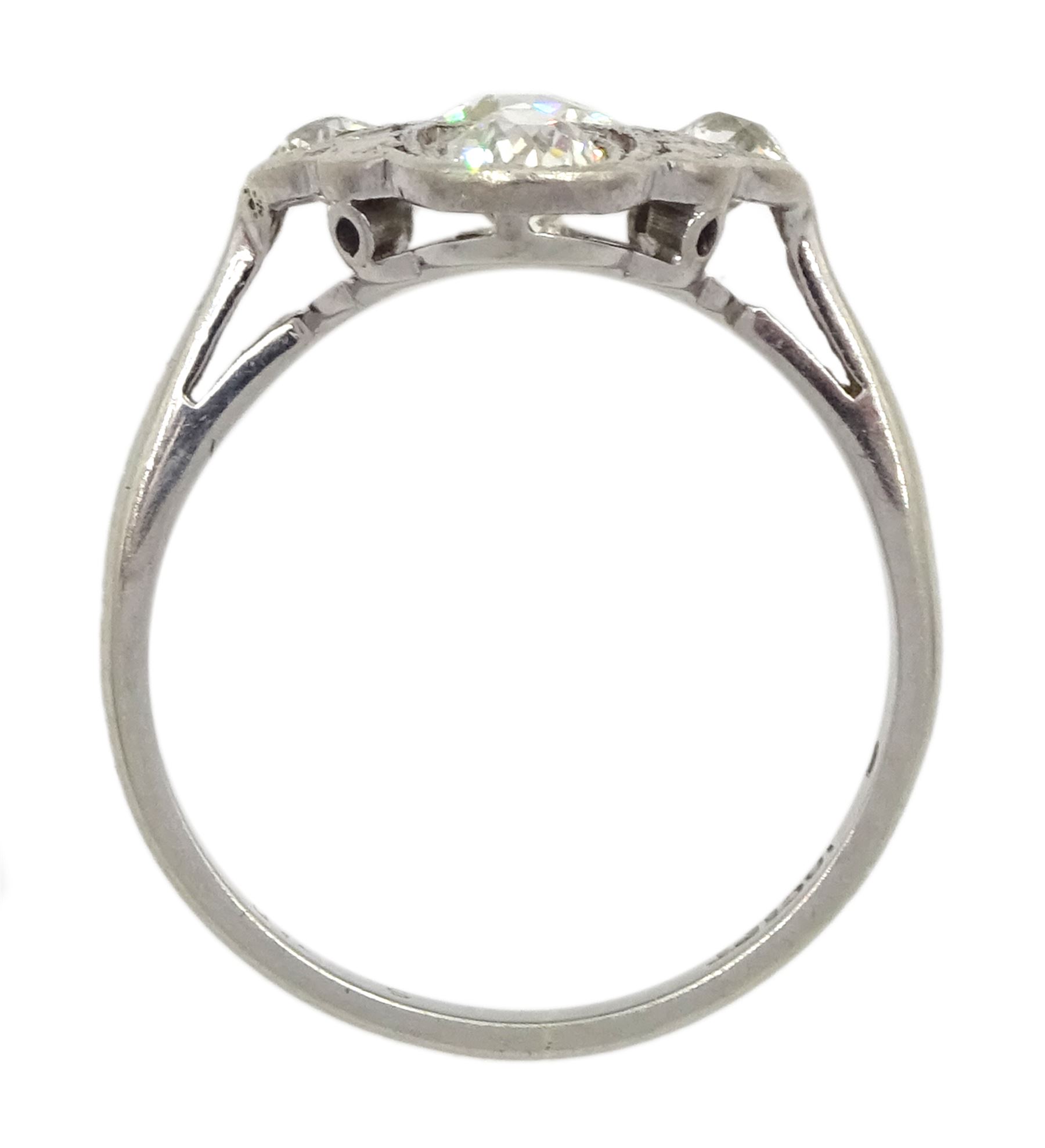 Art Deco 18ct gold and platinum five stone milgrain set old cut diamond openwork ring, stamped 18ct Pt, principal diamond approx 0.40 carat, total diamond weight approx 1.00 carat