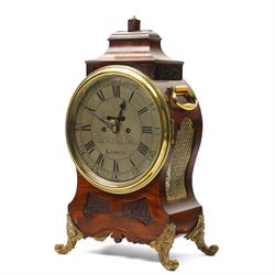 18th century bracket clock with twin chain fusee movement, the steel dial inscribed Thomas Hill, Fleet Street, London in mahogany case with blind fret carved panels, brass handles on gilt brass scroll feet with a later mahogany bracket H50cm excluding bracket
