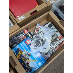Large collection of books and reference material relating to scale modelling, together with Eaglemoss Star Trek magazines, Batman Automobila magazines, Lego manuals, in seven boxes