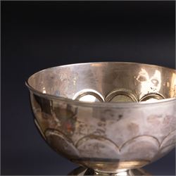 Edwardian silver pedestal bowl, of part fluted circular form, hallmarked Birmingham 1909, maker's marked worn and indistinct, upon an ebonised wooden pedestal, bowl H11.5cm