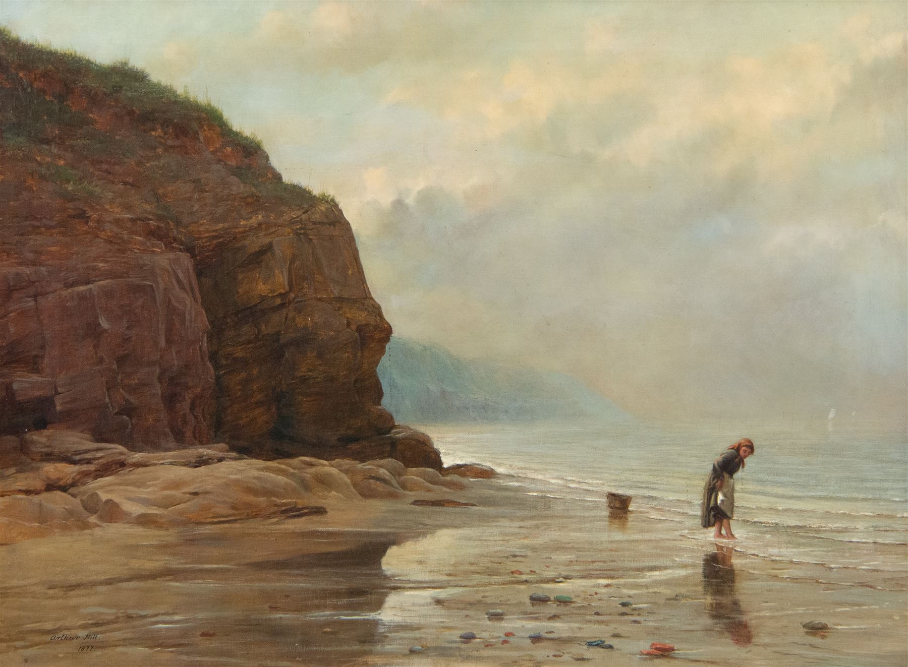 Arthur Hill (British 1841-1908): 'The Bathing Rock - Whitby', oil on canvas signed and dated 1877, original title label verso 44.5cm x 60cm 