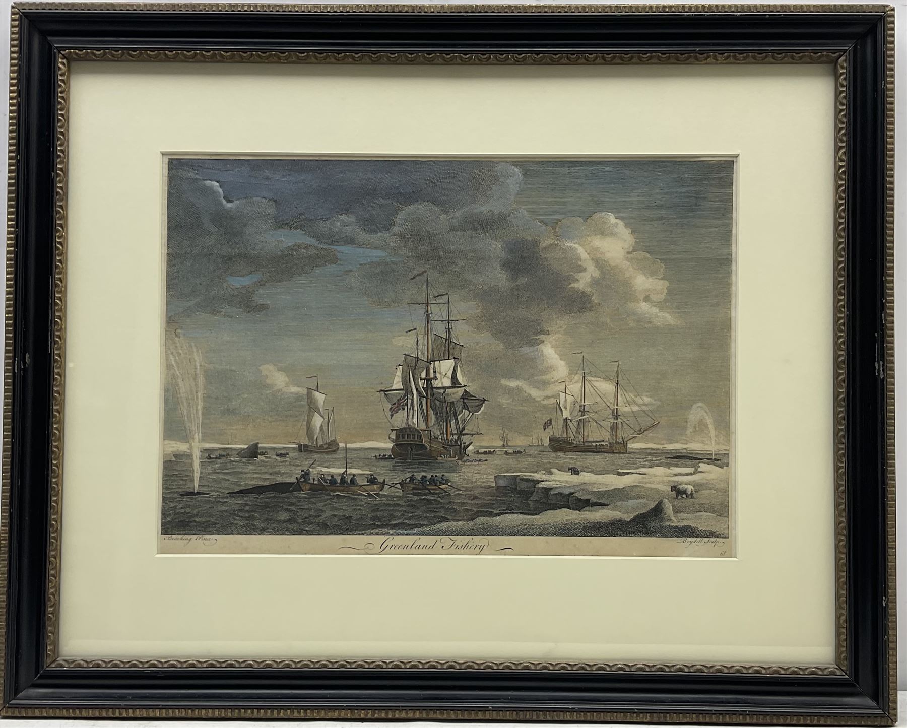 John Boydell (British 1719-1804) after Charles Brooking (British 1723-1759): 'Greenland Fishery', engraving with hand colouring originally pub. 1754, 29cm x 42cm
