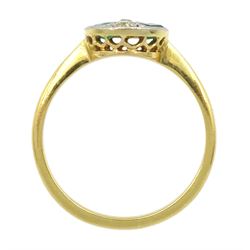 Art Deco old cut diamond and calibre cut emerald target ring, stamped 18ct & PT