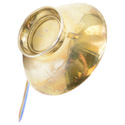 Mid 20th century Danish silver-gilt and guilloche enamel cruet set by Volmer Bahner, comprising pepper shaker, open salt and salt spoon, the spoon handle and bowl interior with blue basse taille enamel and vine motif, the pepperette with panels of blue guilloche enamel with similar applied vine decoration, all stamped Sterling Denmark VB, pepperette H4cm