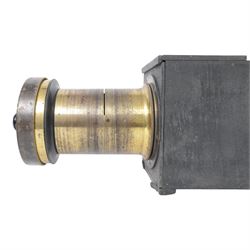 Late 19th century Voigtlander & Sohn large brass Euryscop lens no. 8 serial no. 31590, mounted to long black wooden box, with leather lens cover and seven brass Waterhouse stops, lens case D19cm