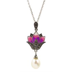 Silver marcasite, pearl and enamel flower pendant, stamped 925