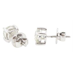 Pair of platinum round brilliant cut diamond stud earrings, hallmarked, total diamond weight approx 2.00 carat