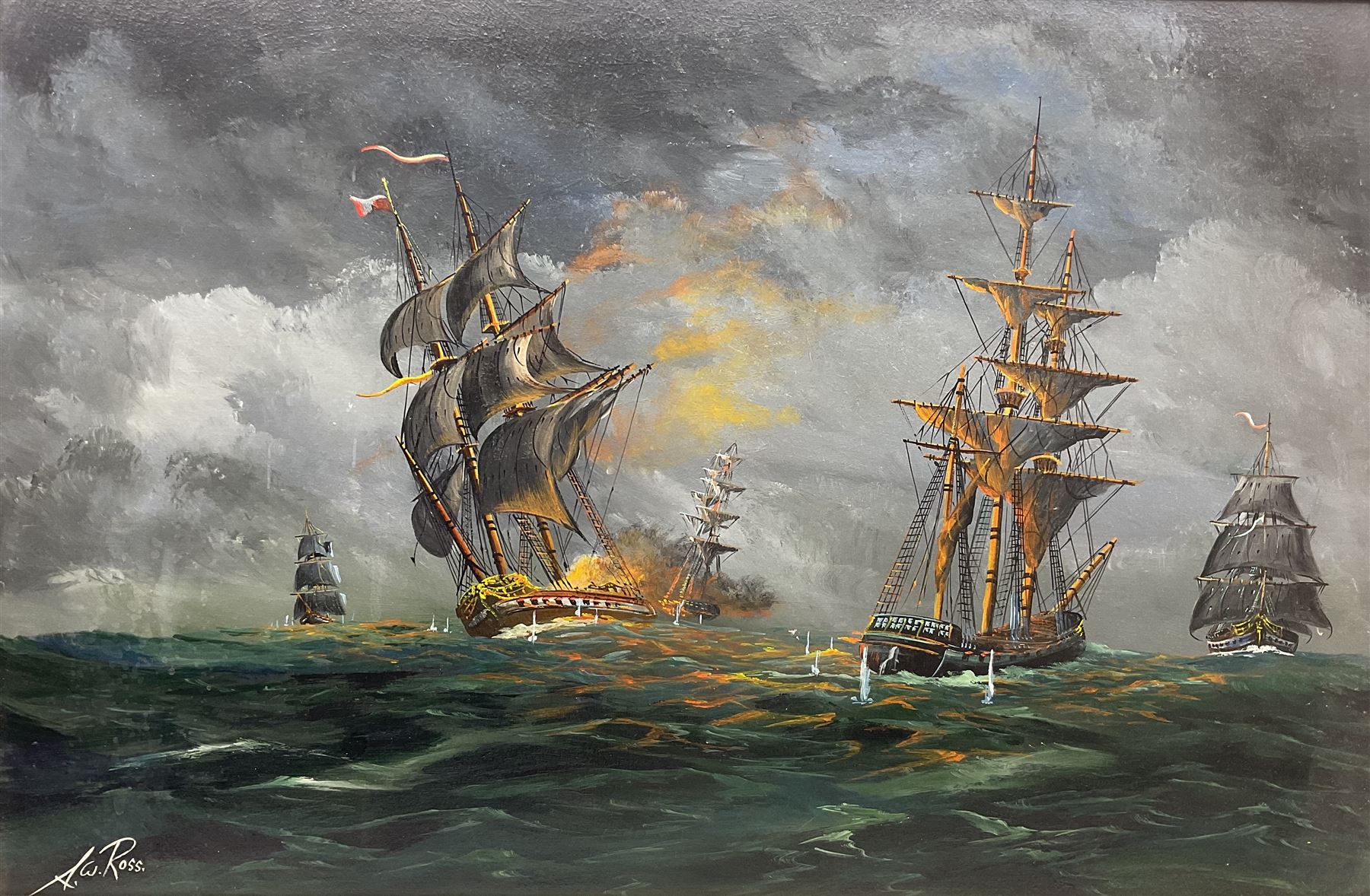 AW Ross (20th century): A Sea Battle, oil on board signed 59cm x 90cm