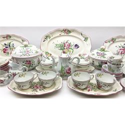 Matched Copeland Spode, Spode and French Luneville and Marlborough Sprays pattern dinner and tea wares, comprising two tureen and covers and apple finials, two sauce tureen and covers with pear finials and fixed stands, six graduated platters including two pairs, large plate, thirteen dinner plates, twelve bowls, ten smaller bowls, eight side plates, eleven smaller side plates, teapot, twin handled sucrier and cover with apple finial, open sucrier, cream jug, smaller cream jug, four breakfast cups, eight tea cups, four large saucers, eleven smaller saucers, and nine further smaller saucers. 