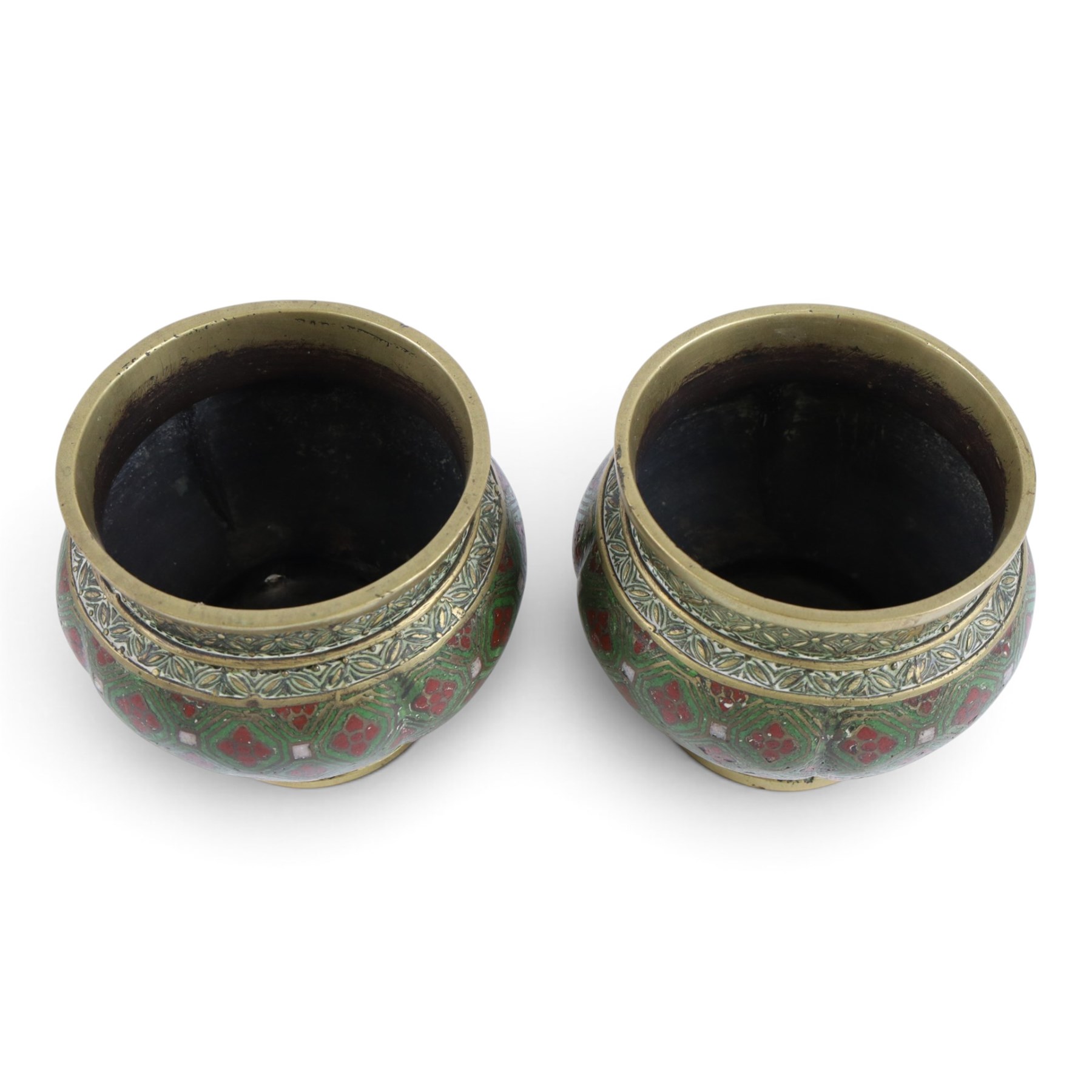 Pair of cloisonne bowls, decorated with flowers upon a blue ground, together with a pair of cloisonne pots, teapot and hot water pot