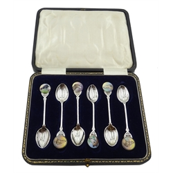  Set of six silver coffee spoons with greyhound enamel terminals and gilded bowls by Northern Goldsmiths Co Birmingham 1930  