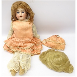  Bisque shoulder head doll with applied hair, sleeping eyes, open mouth with teeth and sraw filled jointed body with composition lower limbs, marked 309 9, H49cm  