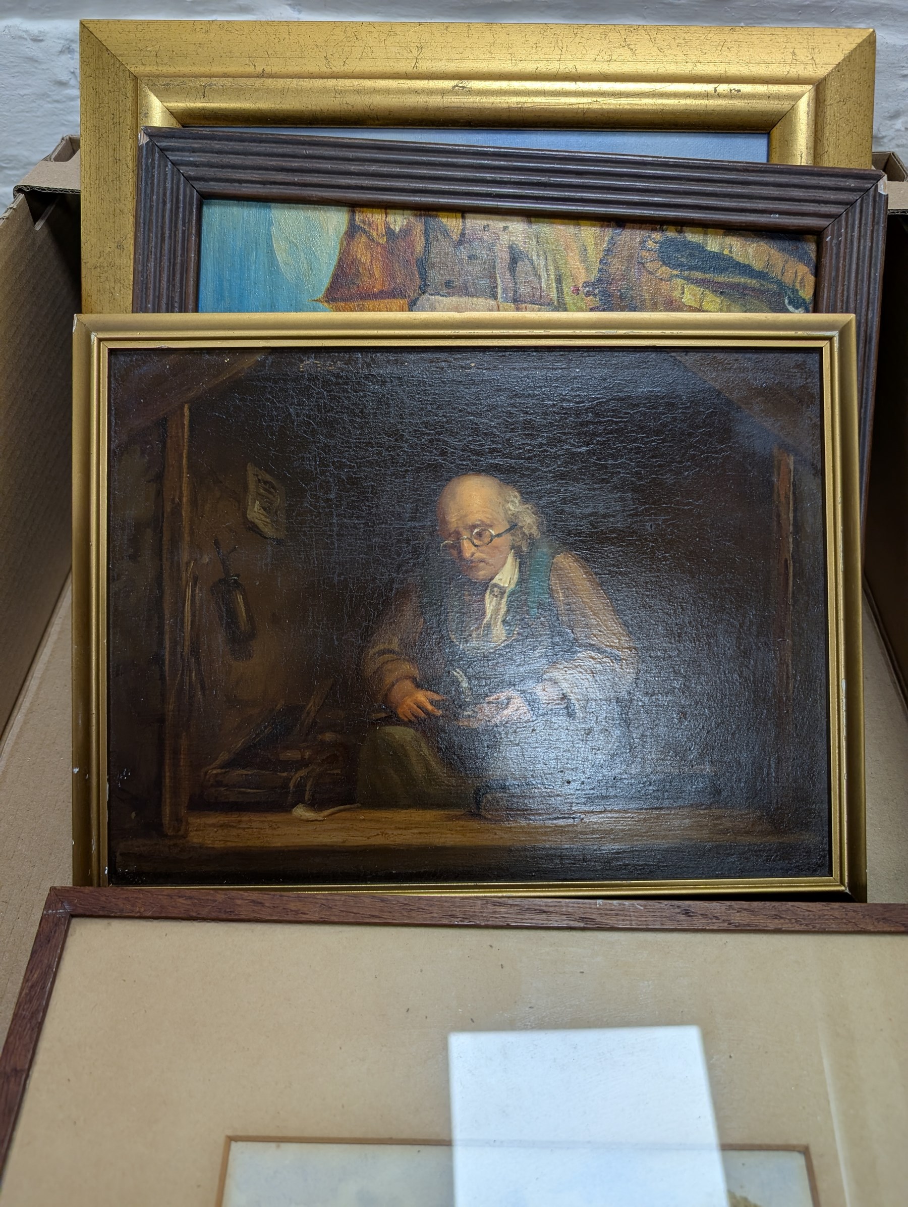 Collection of pictures, to include after James McArdell (Irish 1729-1765): James Quinn as Sir John Falstaff, oil on wood panel unsigned; English School (20th century): Fisherman by a Farm, watercolour signed with S J monogram and dated 1923; after Charles Spencelayh (British 1865-1958): The Cobbler, oil on wood panel unsigned, and two others max 19.5cm x 26cm (5) (one unframed)