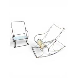 Pair of white painted cast metal garden chairs, ornate reclined backs, circular pierced seats on cabriole legs