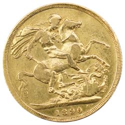 Queen Victoria 1890 gold full sovereign coin