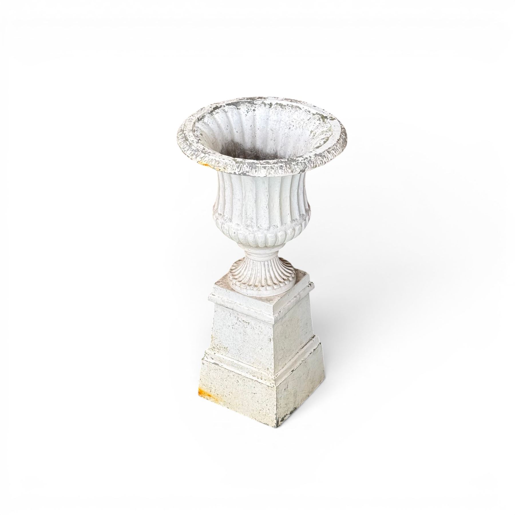 Victorian design white painted cast aluminium garden urn on plinth, fluted bowl on squat pedestal, tapering base