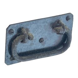 Late 19th century stripped pine blanket box, rectangular hinged lid enclosing main compartment with fitted candle box, wrought iron strap hinges and lock, black-painted side handles, on a shaped plinth base