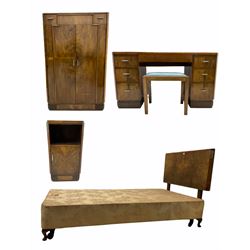 Early to mid 20th century Art Deco walnut bedroom suite - dressing table (W123cm, H70cm, D53cm), tallboy (W77cm, H122cm, D47cm), bedside cupboard (W36cm, H69cm, D35cm), and pair of large single 3’ 6” bedsteads