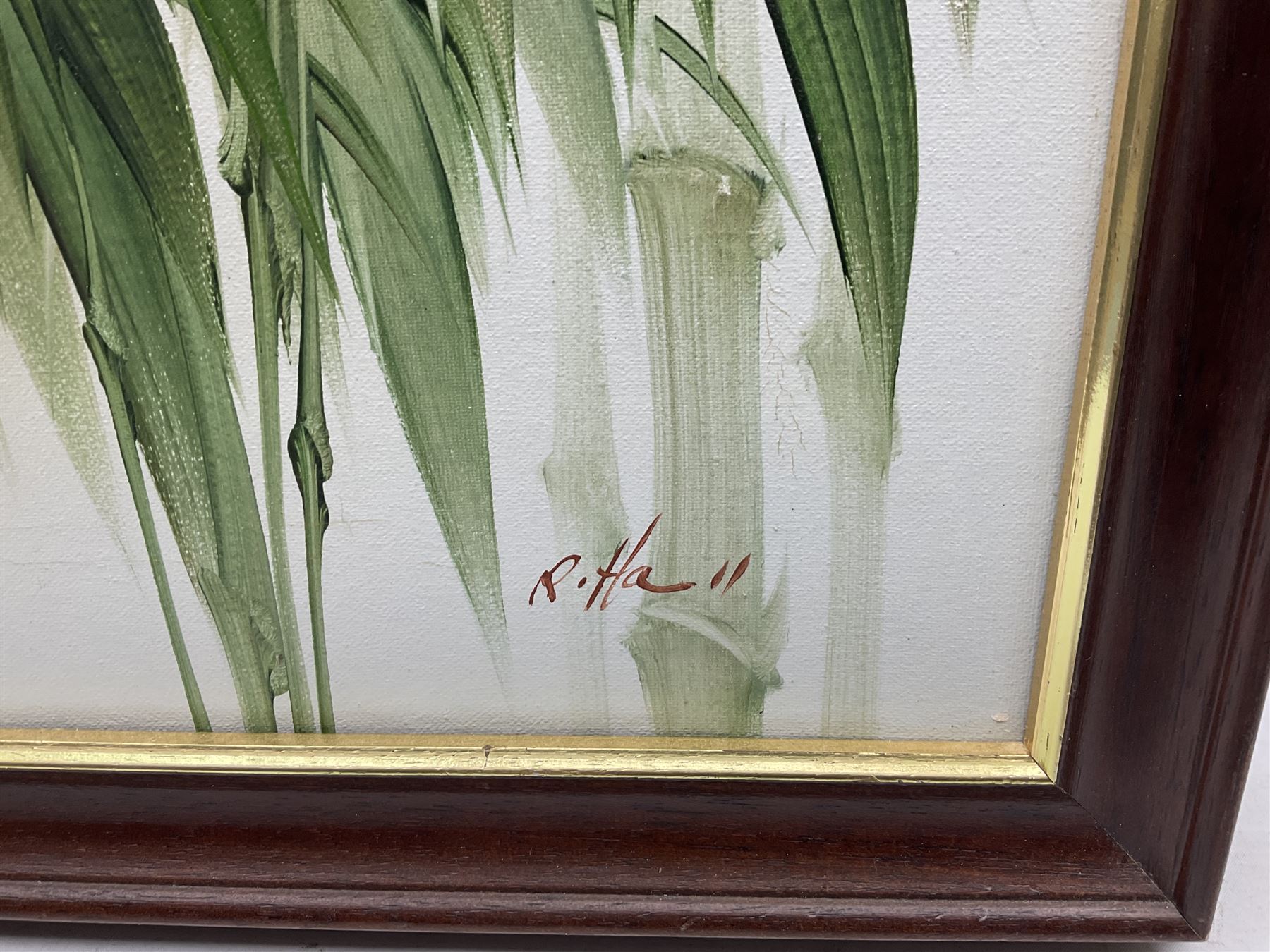 R Hall (British 20th century): Exotic Bird Perched on Bamboo Trees, oil on canvas signed together with S Atkinson (British 20th century): Roses, watercolour signed max 40cm x 50cm (2)