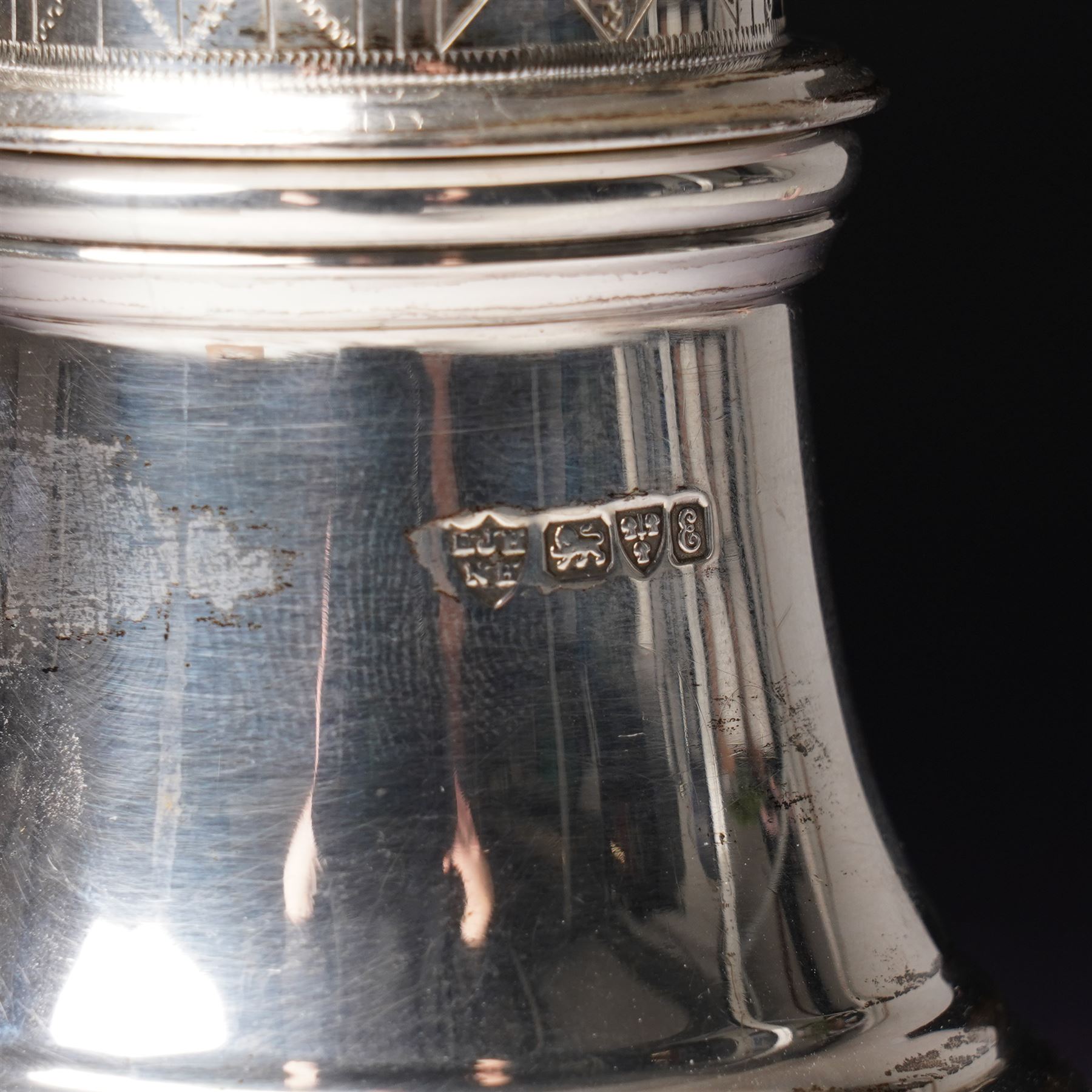 Edwardian silver baluster sugar caster with engraved pierced lid Chester 1905 Maker Haseler Bros.