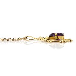 Gold amethyst pendant, stamped 18K, on 9ct gold chain necklace and a 9ct gold three stone amethyst ring, hallmarked