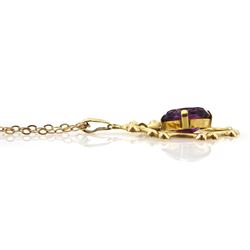 Gold amethyst pendant, stamped 18K, on 9ct gold chain necklace and a 9ct gold three stone amethyst ring, hallmarked