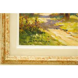 Eugene Demester (French 1914-1984): Autumnal Lakeside Landscape, oil on canvas signed 26cm x 34cm