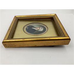 English School (18th century)
Portrait miniature upon ceramic plaque 
Head and shoulder portrait of a gentleman in blue coat and white turban, holding book under one arm
Indistinct inscription verso
Within gilt mount and gilt frame under glass
Portrait 7cm x 5.5cm 
Plaque 14cm x 11.5cm
Frame 16cm x 13.5cm