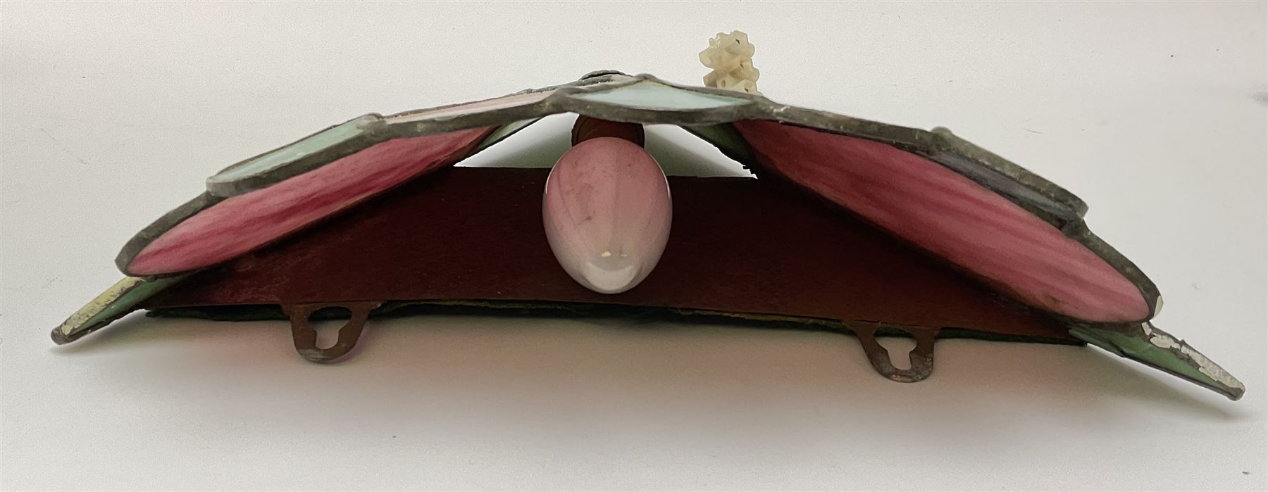 Five Tiffany style pink and blue leaded glass wall lights, approximately H23.5cm. 