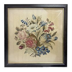 Framed needlework of a bunch of flowers in glazed frame, L57cm