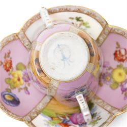 Two 19th century Dresden quatrefoil twin handled chocolate cups and saucers, decorated with Watteau style panels, with pink and yellow floral ground and gilt heightened decoration, blue 'AR' mark to underside for Helena Wolfsohn (2)