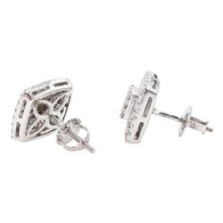 Pair of white gold round brilliant cut and tapered baguette cut diamond cluster, screw back stud earrings, hallmarked 14ct, total diamonds weight approx 1.35 carat