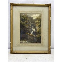 David Law  (Scottish 1831-1902): Figure on a Bridge over a Waterfall, watercolour signed and dated '76, 35cm x 25cm