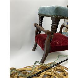 Victorian beadwork footstool with two other wooden upholstered footstools, one with turned bobbin legs, two Victorian glass frigger canes, one of twisted spiral form, and three carpet beaters